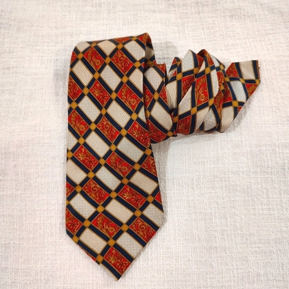 Lanvin Paris Silk Tie Mod Baroque Gold Scroll French Red Gold White - Picture 3 of 6